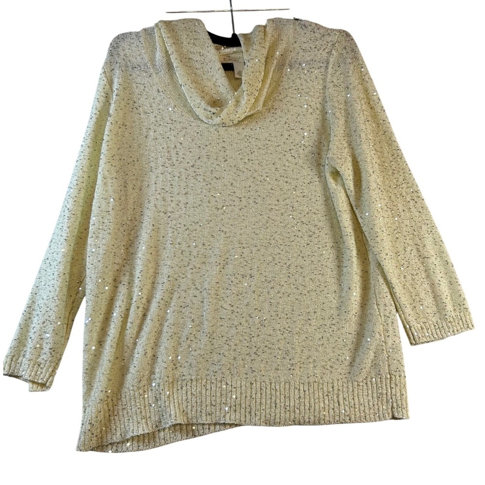 Emaline Womens Gold Sequin Cowl Neck Knit Sweater Metallic Long Sleeve Large